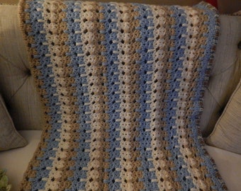 Handmade Crochet Throw, Cozy blanket, Couch Afghan, Acrylic Afghan, Women's gift, Neutral tones - Lt. Blue, Cream, Brown