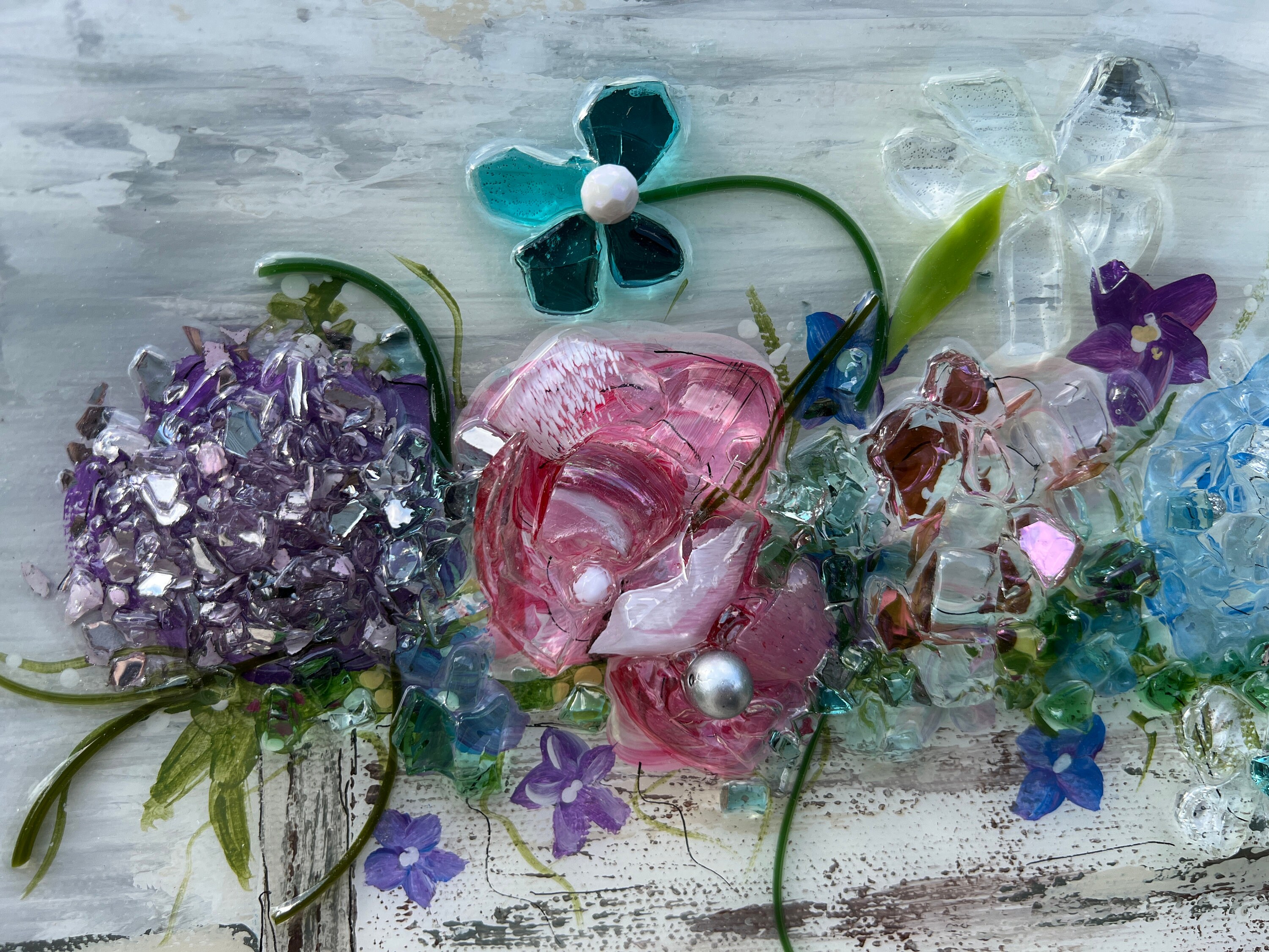 Cut Glass Flowers, Flower Box, Rustic, Abstract Flower, Art Resin, 10 X