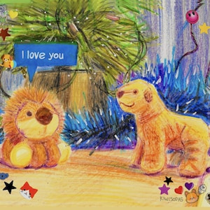May include: A vibrant illustration showing a lion and a dog soft toy. A blue speech bubble says "I love you." The background features blue and green foliage, with decorative stickers of stars, rainbows, and smiley faces scattered around.