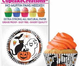 Halloween Fun Cupcake Liners, Black Cat, Ghost, Jack-o-Lantern, Bats, Spider, Baking Paper