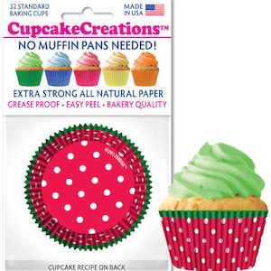 Red & White Polka Dots with Green Trim Cupcake liner
