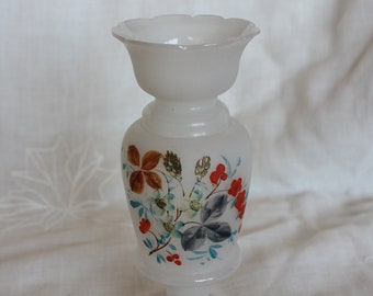 Vintage Kampfer Glasvase mit handgemalten Blumen