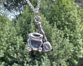 Cauldron and broom witch necklace- PMC fine silver sculpted pendant on sterling silver chain