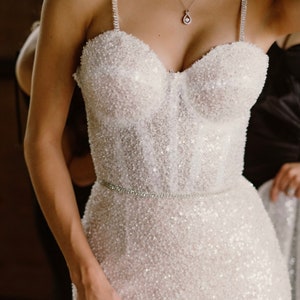 Custom made Off white sparkly mermaid wedding gown/ custom made ivory wedding dress with train corset/ cup sleeves glitter sequins beads