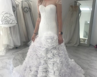 Mermaid Wedding dress Corset /White satin ruffles Roses skirt /Swarovski Crystals hand embroidery /classic elegant wedding gown