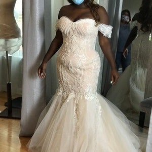 Custom made Blush Ivory mermaid wedding gown/ ivory wedding dress with train/ Beaded pearls corset/ cup sleeves