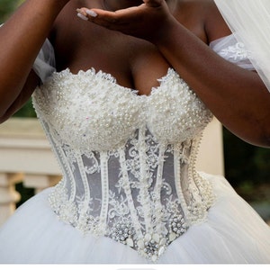 Corset ballgown/ custom made ivory ball gown wedding dress/ Beaded pearls corset/ cup sleeves image 1