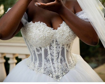 Custom made Corset ballgown/ ivory ball gown wedding dress/ Beaded pearls corset/ cup sleeves