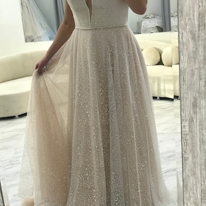 Blush pink Sparkly A-line wedding gown/V back Blush ivory reflected glitter dots wedding dress/ glitter A line wedding dress