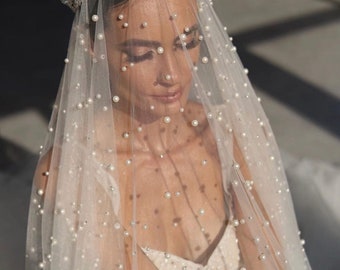 Pearls beaded veil/ Off white Cathedral, Chapel,  bridal veil/ royal long, short ivory veil