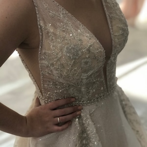 Blush pink Sparkly A-line wedding gown/Open back Blush ivory silver wedding dress/ glitter A line wedding dress