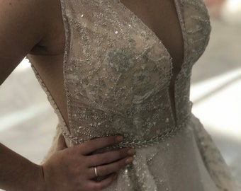 Blush pink Sparkly A-line wedding gown/Open back Blush ivory silver wedding dress/ glitter A line wedding dress