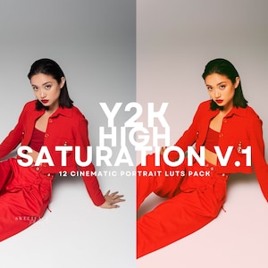 May include: Two women wearing red clothing pose against a white background. The text "Y2K HIGH SATURATION V.1 12 CINEMATIC PORTRAIT LUTs PACK" is displayed in white letters.
