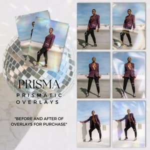 Puede incluir: Un collage que presenta a una persona con una blazer a cuadros y pantalones negros, con efectos de superposición prismática. La imagen incluye una bola de discoteca y el texto "PRISMA PRISMATIC OVERLAYS" y "*BEFORE AND AFTER OF OVERLAYS FOR PURCHASE*."