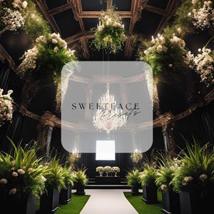 May include: An elegant event space with a white aisle, green grass, and black planters. The ceiling features ornate wooden detailing and hanging floral arrangements. A large chandelier hangs in the center, and the text "SWEETFACE Presets" is visible.