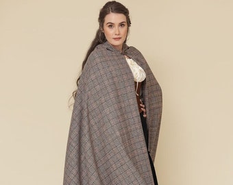 Brown Plaid Half Circle Cloak, Marquis Brown Hooded Cloak, Plaid Wool Blend Half Circle Cape, Sherlock Holmes Style Cape, Victorian Cloak