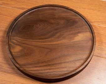 Handcrafted Shallow Round Black Walnut Decorative Catch All and Serving Tray