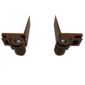 May include: Two brown plastic hinges with a metal screw in each. The hinges are designed for use with doors or cabinets.