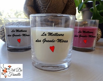 Bougie personnalisé cadeau fêtes des grands-mères mamies parfumé couleur blanche rouge grise pot en verre la meilleure des grands-mères