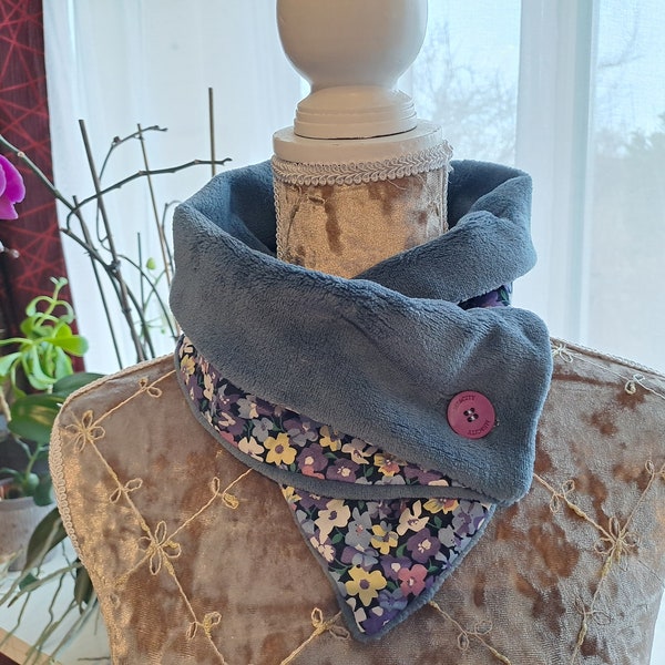 Tour de cou cache cou snood adulte col bouton et pression écharpe foulard imprimé bleu et violet moderne polaire chaud