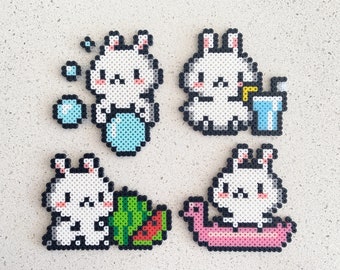 Adorable White Bunny - Pixel Perler Beads Art, Can be Fridge Magnet,  Keychain, Phone Charm and Badge!