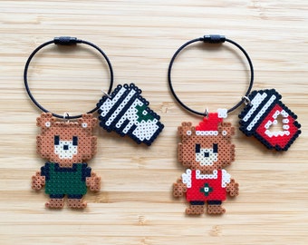 Coffee Bear Keychain- 8 Bit Pixel Perler Beads Art Keychain, Cute