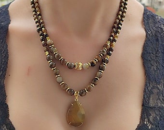 Gorgeous Natural Agate Pendant,  Layered Brown Tiger Eyes Necklace, Beaded Elegant Gemstone Necklace, Handmade Jewelry, Valentines Day Gift