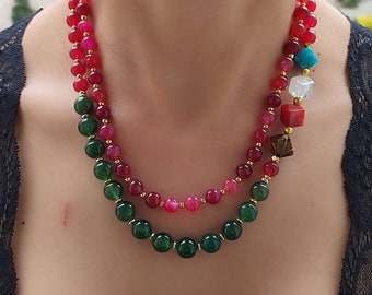 Agate Beaded Layered Necklace: Pink & Green Gemstone Boho Jewelry
