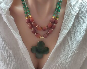 Colorful Floral Women Pendant, Real Agate Beaded Boho Necklace, Green & Brown Gemstone Necklace, Chunky Layered Necklace, Statement Gift