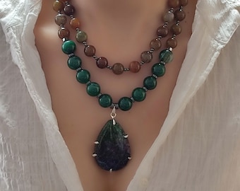 Real Agate Women Necklace, Colorful Gemstone Necklace, Chunky Bead Layered Necklace, Handmade Jewelry, Big Bold Statement Necklace