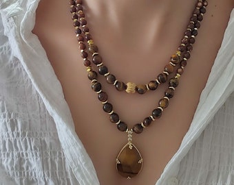 Gorgeous Natural Agate Pendant, Brown Tiger Eye Layered Women Necklace, Elegant Unique Necklace, Handmade Jewelry, Valentines Day Gift