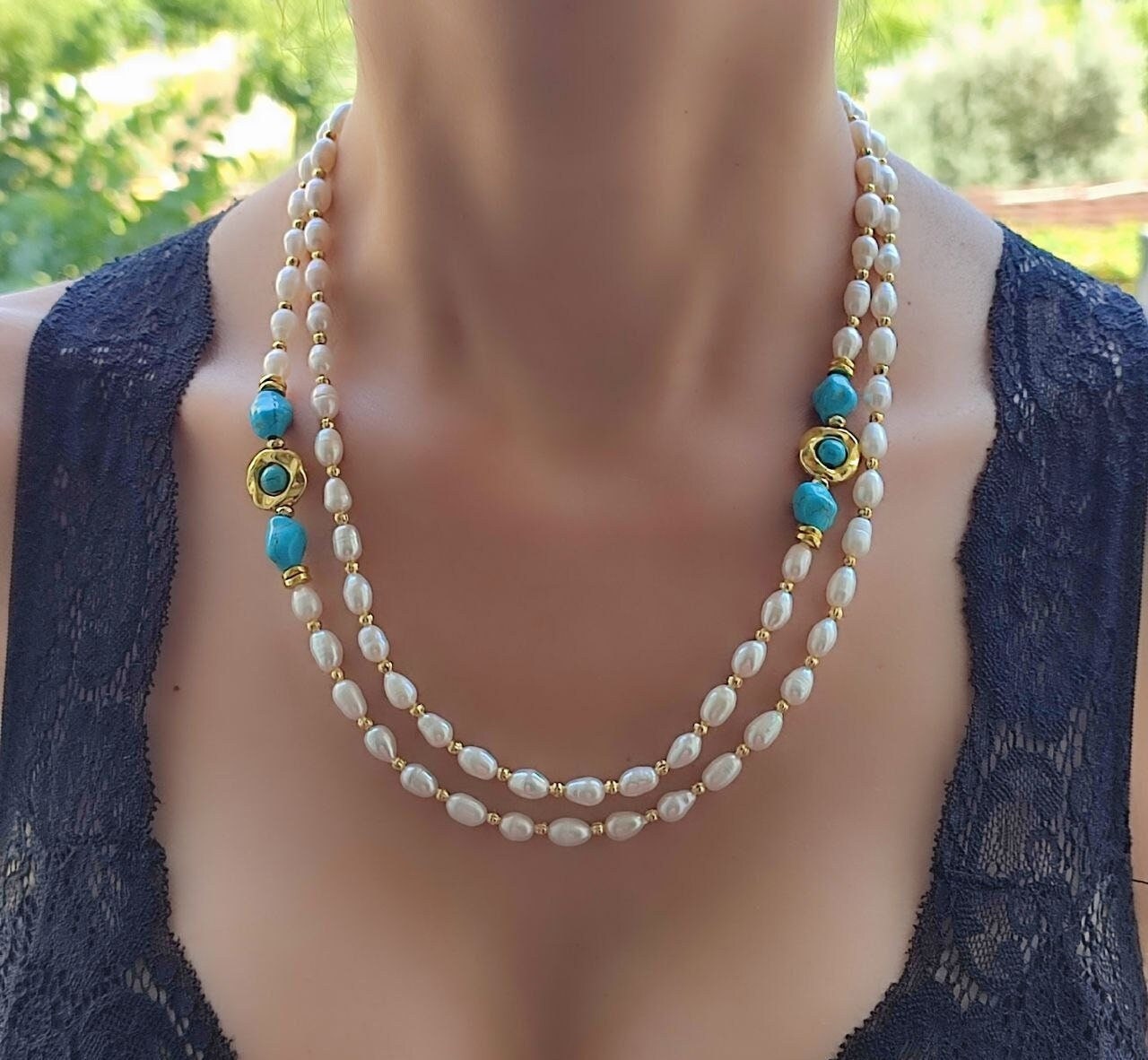Elegant Pearl and Turquoise Necklace,Multistone Casual Gemsone Necklace, Beaded Statement Necklace,Pearl Jewelry,Anniversary Gift