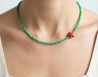 Dainty Star Choker: Green Mother of Pearl Beaded Necklace