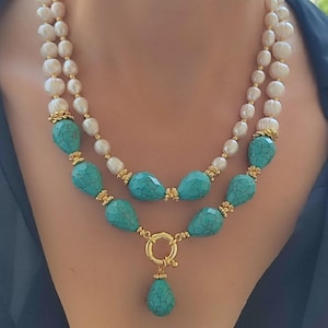 Layered Turquoise Pearl Necklace: Boho Beaded Statement Jewelry