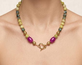 Handmade Olive Jade, Tree Agate, Pink Agate Statement Necklace, Boho Layering (18.5 in)