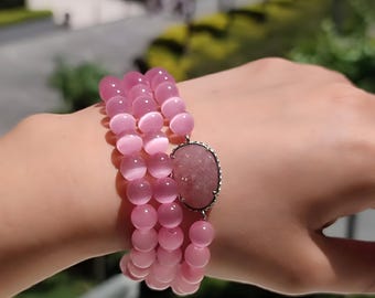 Pink Aventurine and Cat&#39;s Eye Bracelet, Gemstone Healing Jewelry, Stackable Pink Bracelet, Boho Gift for Her