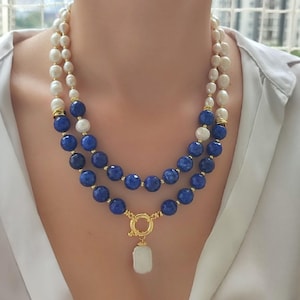 Lapis Lazuli Necklace Handmade Blue Beaded Layered Necklace with Pearls, Elegant Gift for Women, Statement Jewelry for Special Occasions