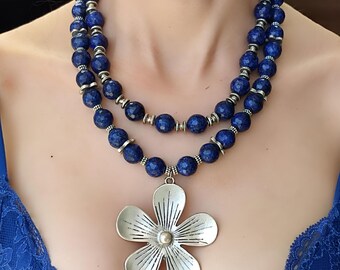 Navy Agate Beaded Statement Necklace: Antique Silver Floral Pendant