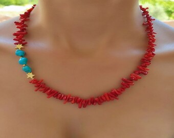 Red Raw Coral and Turquoise Beaded Necklace, 14K Gold Plated Stars Women Necklace, Everyday Jewelry, Birthstone Handmade Necklace, Mom Gift