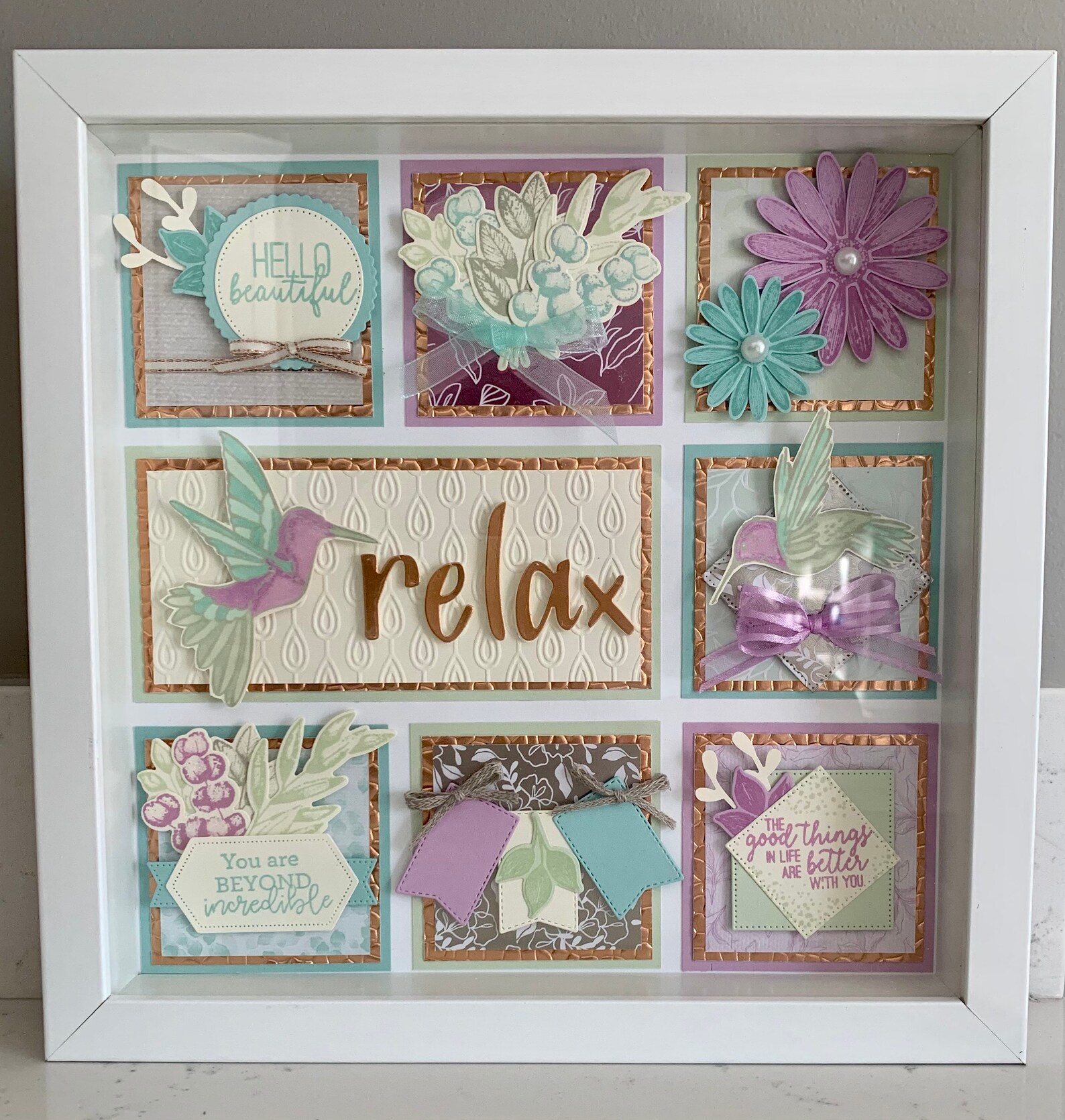 Relax 10x10 Shadow Box Sampler | Hummingbirds, Daisies, and Ferns ...