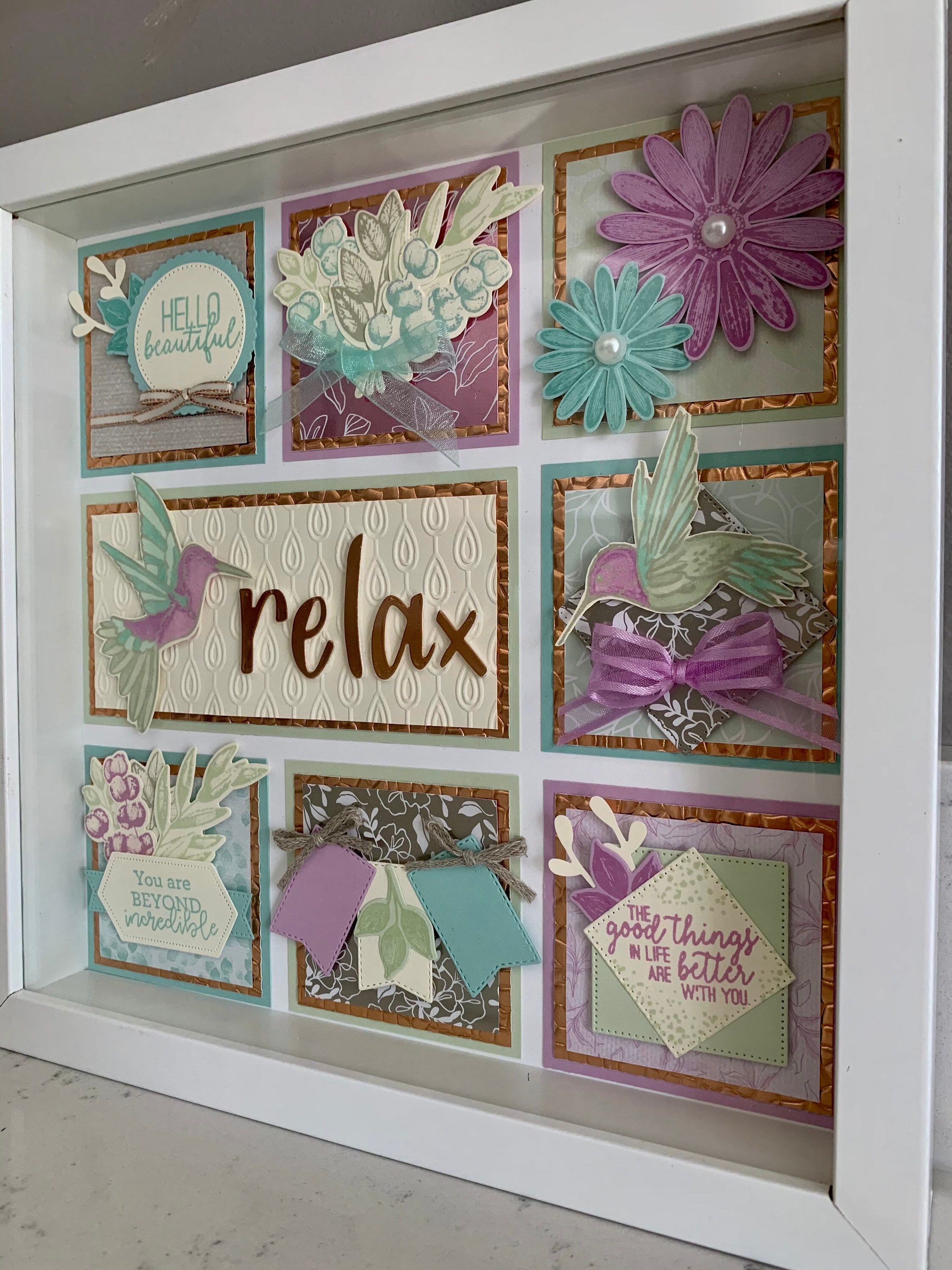 Relax 10x10 Shadow Box Sampler | Hummingbirds, Daisies, and Ferns ...