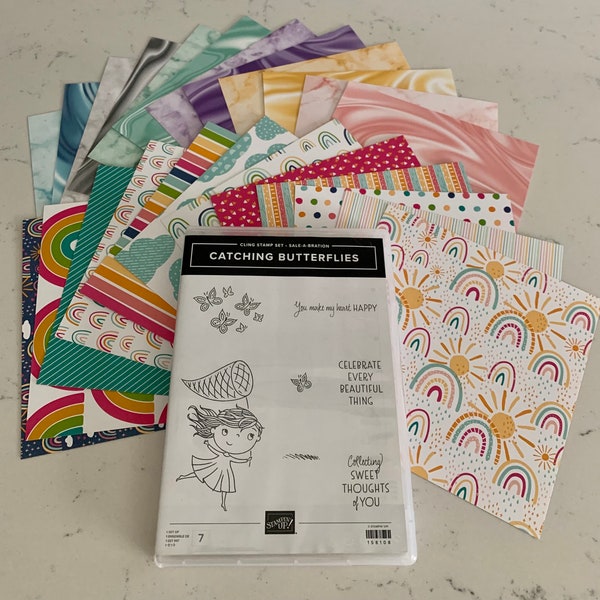 Catching Butterflies Cling Stamp Set AND Simply Marbleous and Sunshine & Rainbows DSP Samplers - Stampin’ Up - New - Retired