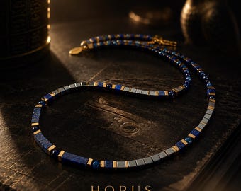 HORUS – Halskette aus blauem Tigerauge, Lapislazuli und Goldhämatit – Handgefertigt in Italien