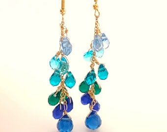 Dangle earrings with blue shaded briolettes of precious stones, handmade in Italy in 14k gold