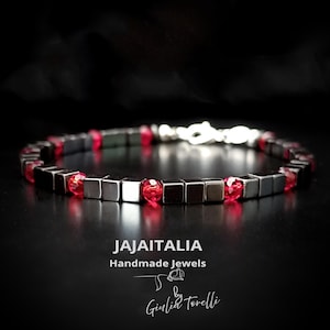 Bracciale da Uomo in Ematite e Rubino – Fatto a Mano con Argento 925, Personalizzabile, Protezione ed Energia