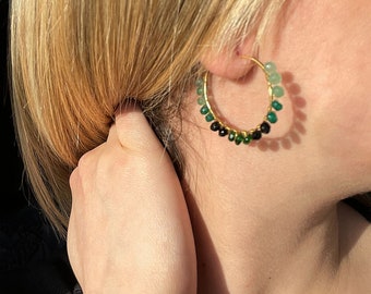 Hoop earrings with rainbow of emerald stones and black spinel, gold plated, handmade in Italy. Gift for her, Taurus, Cancer.