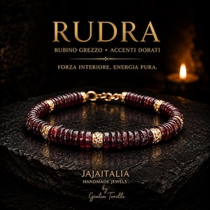RUDRA – Unisex armband met ruwe robijn, minimalistische Tibetaanse stijl, handgemaakt in Italië
