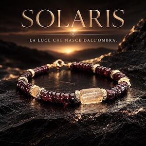 May include: A bracelet featuring dark red faceted beads and a central light yellow rectangular bead, accented with gold-toned metal spacers. The text SOLARIS and LA LUCE CHE NASCE DALL'OMBRA appear above the jewelry in a sunset-themed setting.