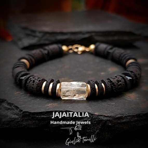 SOLOIPE • Lava Stone Bracelet for Men • Citrine‑Color Quartz • Hematite • Gold Details • Made in Italy