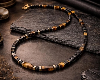 SKEDRA – Herenketting van zwarte onyx en obsidiaan met tijgeroog – Handgemaakt in Italië